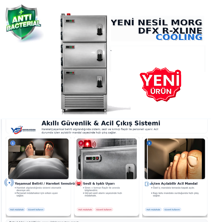 3 üniteli morg ünitesi için ölçü, teknik şartname ve kurulum desteği. Modüler tasarım, paslanmaz 304 ve sessiz soğutma seçenekleriyle projeye özel üretim.