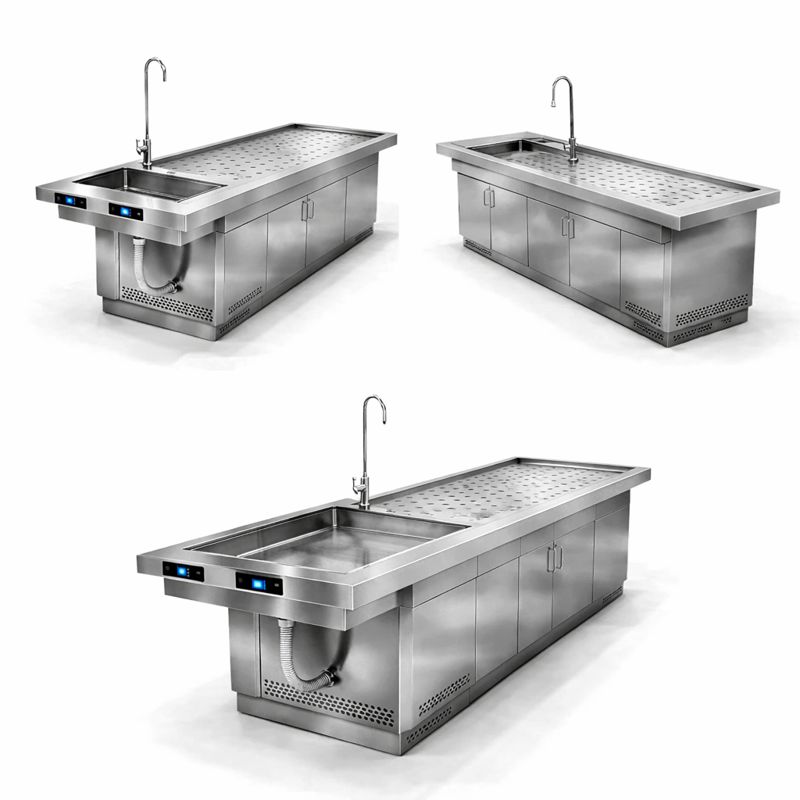 Öne Çıkan Avantajlar Hijyen üstünlüğü: Paslanmaz gövde + yuvarlatılmış köşeler + kolay temizlenebilir yüzeyler Sıvı yönetimi: Delikli tabla + eğimli drenaj + süzgeçli gider ile taşma/dağılma riskini azaltır İş güvenliği: Keskin kenarsız tasarım, sağlam taşıyıcı şase, elektrik-su ayrımı ve topraklama altyapısı Kurumsal dayanıklılık: Yoğun kullanıma uygun malzeme kalınlıkları, güçlü kapak/menteşe, servis erişimi Profesyonel teslimat: Yerinde keşif, ölçülendirme, montaj ve devreye alma ile sorunsuz kurulum