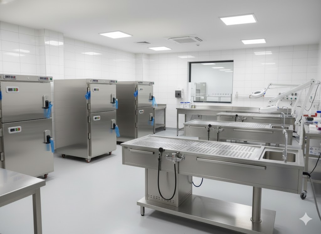 Hastane ve adli tıp için morg ekipmanları: otopsi masası, diseksiyon masası, gasil masası, morg ünitesi ve paslanmaz çözümler. Kurumsal teklif, garanti, hızlı teslimat.